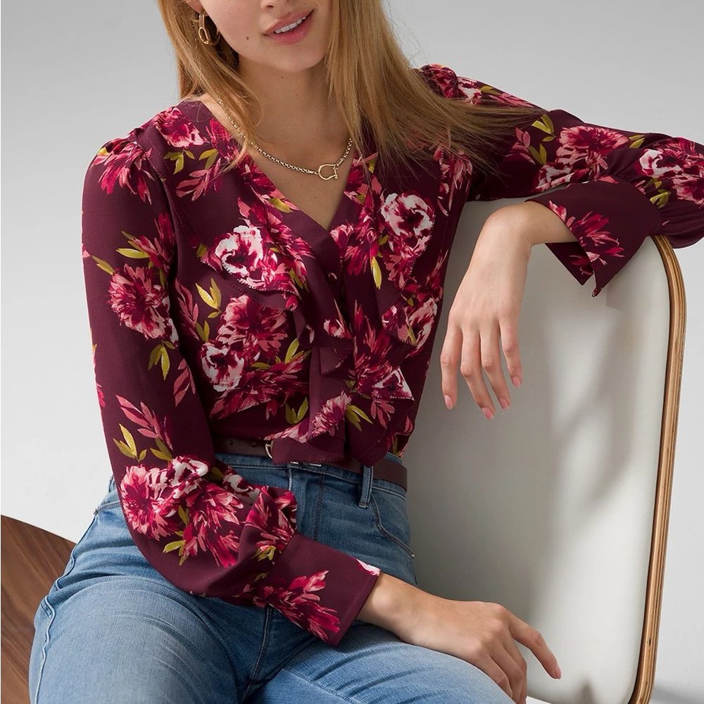 Burgundy V-neck floral blouse.  Medium like new!